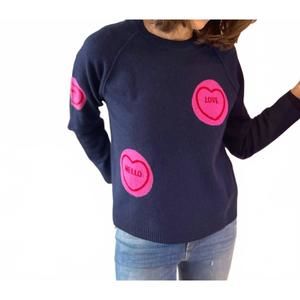 NEW JUMPER1234 navy cashmere sweater with hearts in navy blue